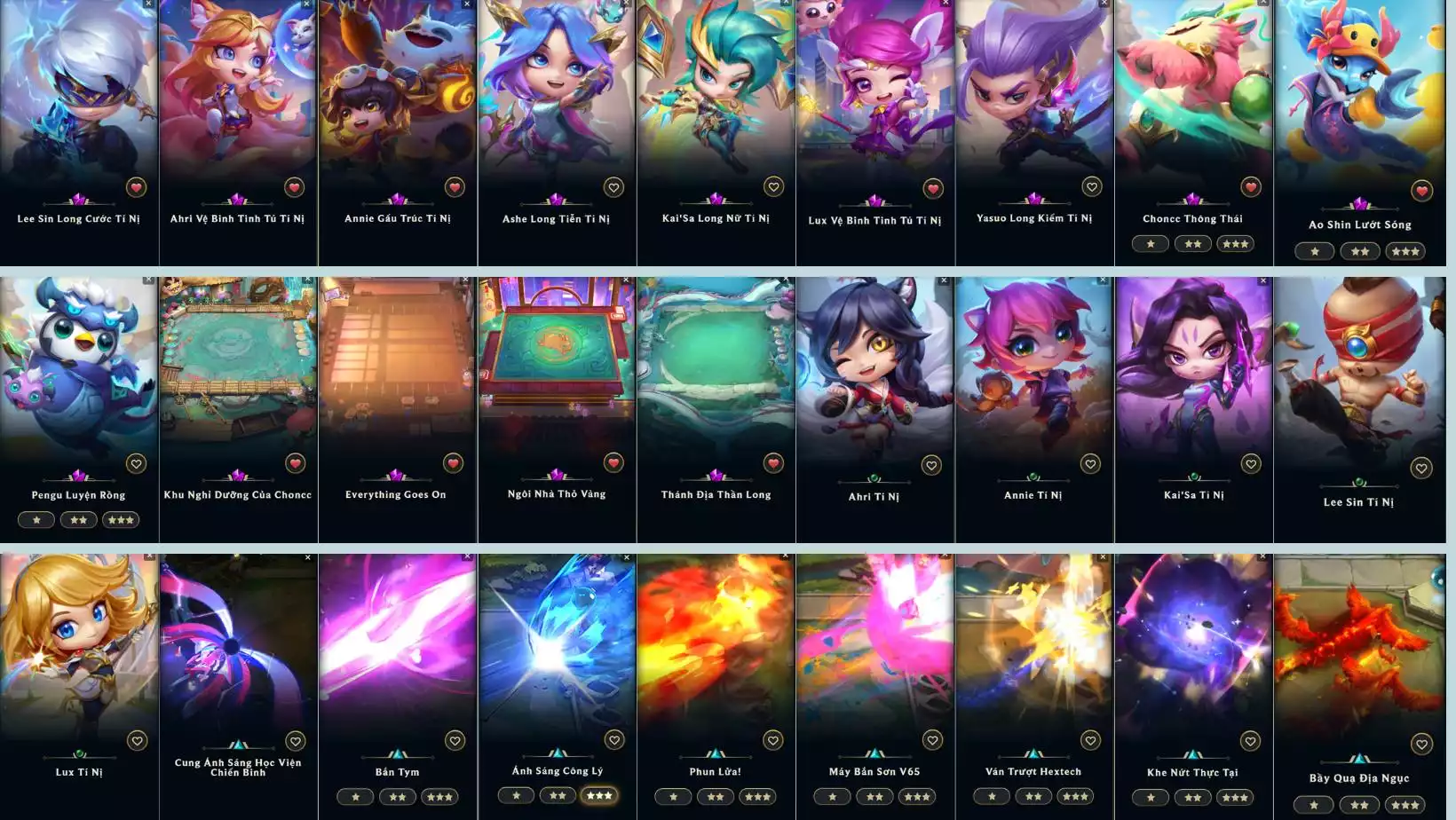 TFT 5VS5 VIP  2 RANK THÁCH ĐẤU DTCL VÀ CDHH  10 PET TÍM MẤY TRĂM PET 3 SAO VÀ 2SAO  4 SÂN TÍM  NHIỀU SÂN ĐỎ DƯ 1K1 MẢNH SAO  CHƯỞNG LỰC : 137 CHƯỞNG  LOL VIP 1321 SKIN : 67 TÍM 89 ĐỎ 611 SỬ THI   768 ĐA SẮC : 6 ĐA SẮC TT FULL NHIỀU BỘ 541 BIỂU TƯỢNG : 45 TÍM  RANK KC4 DD KC 1 LH LV : 606  THÔNG TIN HỖ TRỢ ĐẦY ĐỦ