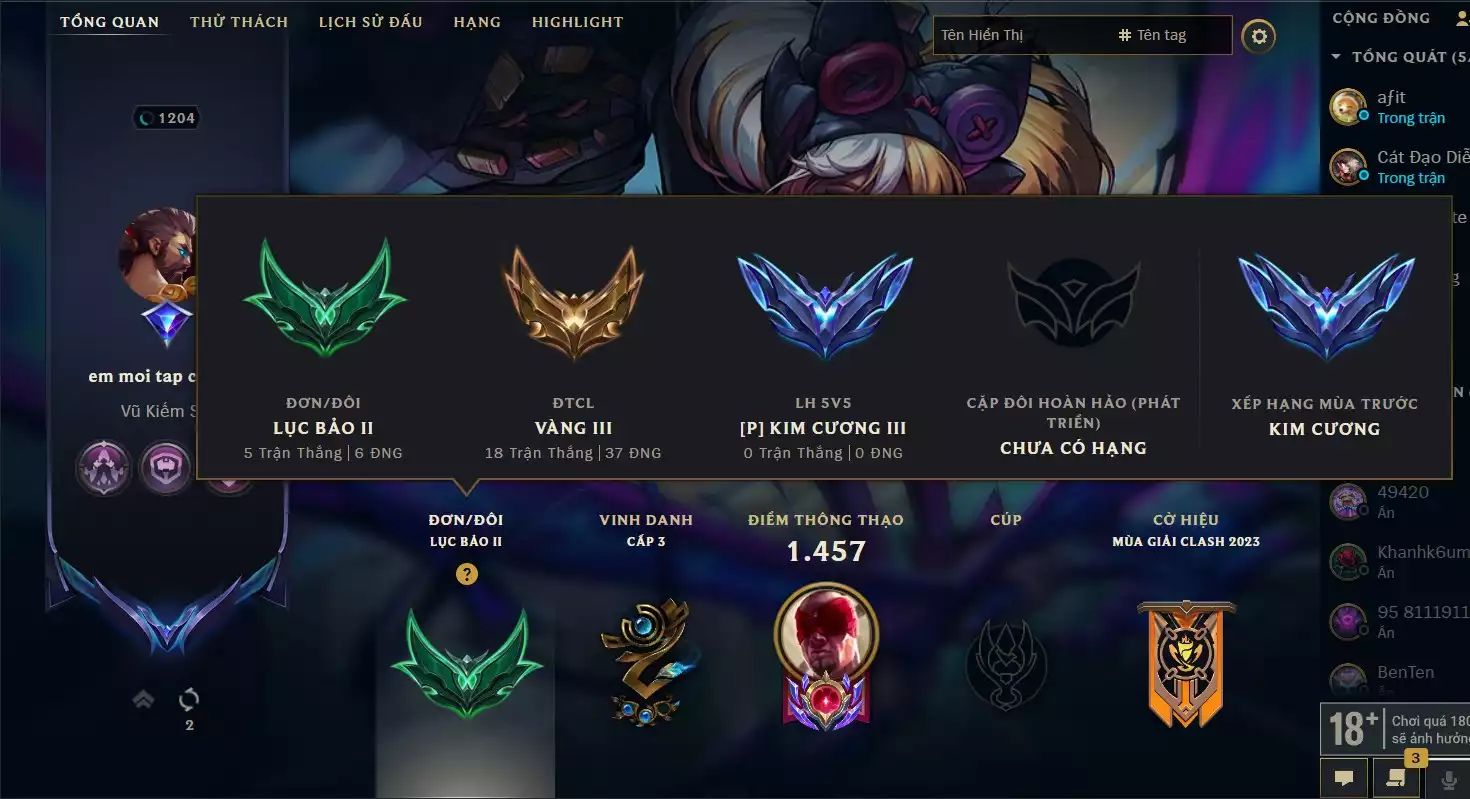 ACC SIÊU VÍP LV 1204 RANK ĐƠN ĐÔI LỤC BẢO 2 LINH HOAT KIM CƯƠNG 4 ACC 1410 SKIN 34 HÀNG HIỆU 59 KHUNG 59 TÍM 89 ĐỎ 654 XANH 504 ĐA SẮC ( 2 ĐA SẮC THẦN THOẠI) - 123 MẪU MẮT14 BIỂU CẢM CAO THỦ - 11 BIỂU CẢM ĐẠI CAO THỦ ĐTCL RANK VÀNG 3 3 PET TÍM 3 PET TÍ NỊ THƯỜNG 8 SÂN ĐỎ CHƯỞNG LỰC BAO NHIỀU CHO AE THA HỒ