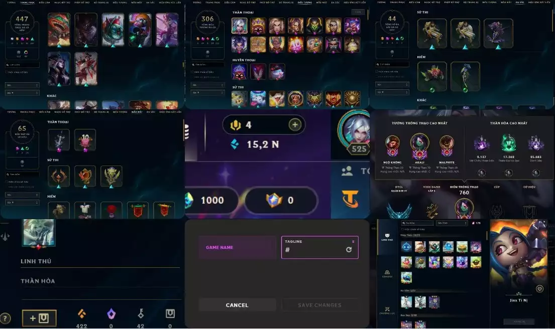 Ảnh ACC ĐẸP  SKIN : 447 10HH 12 TÍM 45 ĐỎ 187 SỬ THI , LV: 525,ĐA SẮC : 44, FULL TƯỚNG ,DƯ 15K THL, MAIN AKALI,RANK ĐỒNG DTCL : SÂN BỒNG LAI TIÊN CẢNH, NHIỀU PET 3 SAO,4 SÂN ĐỎ , NHIỀU CHƯỞNG LỰC 2HC, CÒN ĐỔI TÊN